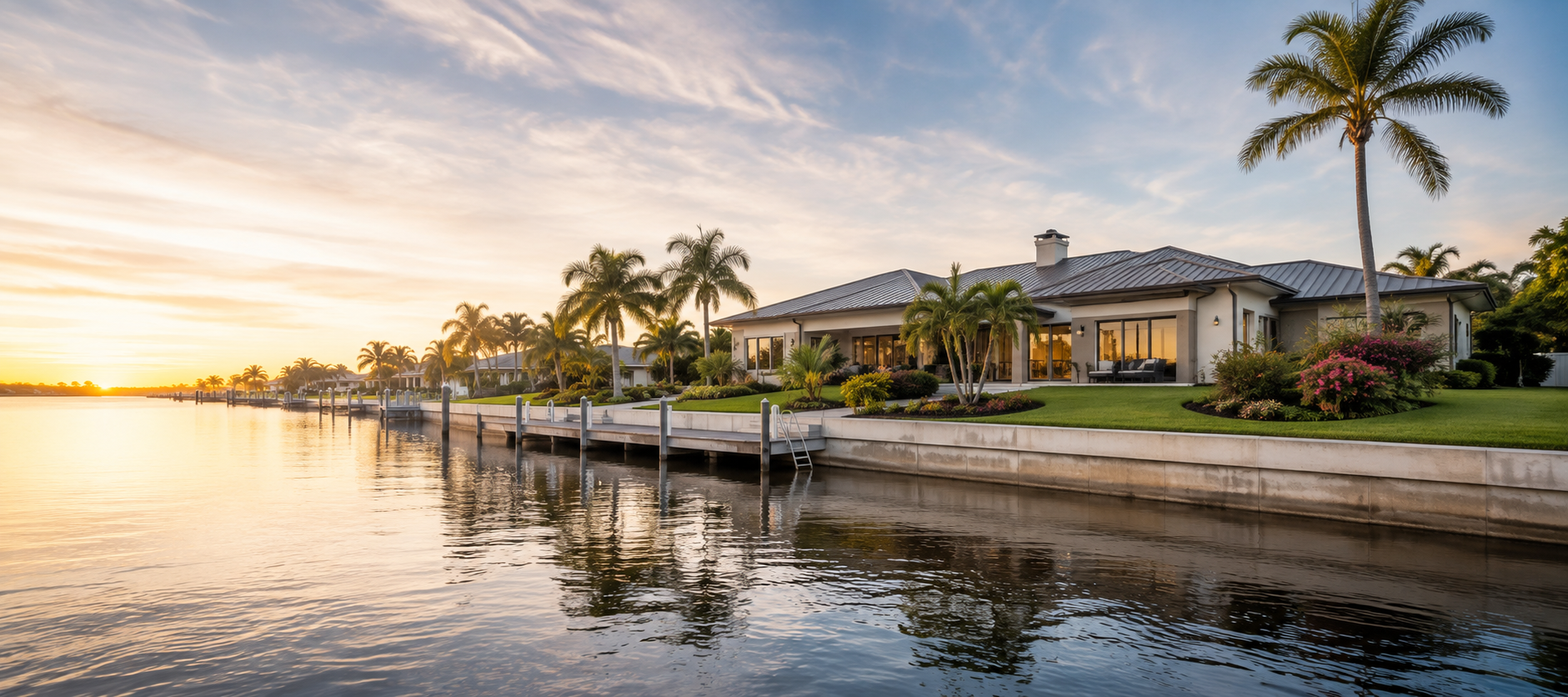 Waterfront homes and palm trees in Southwest Florida